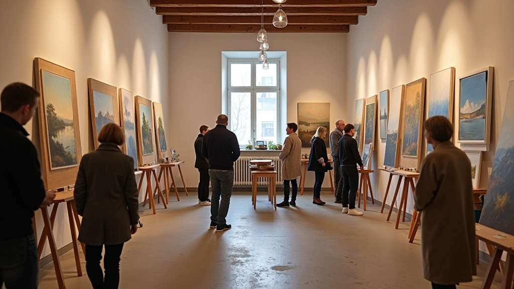 Open-studio weekend with visitors viewing paintings and talking with artist at easel