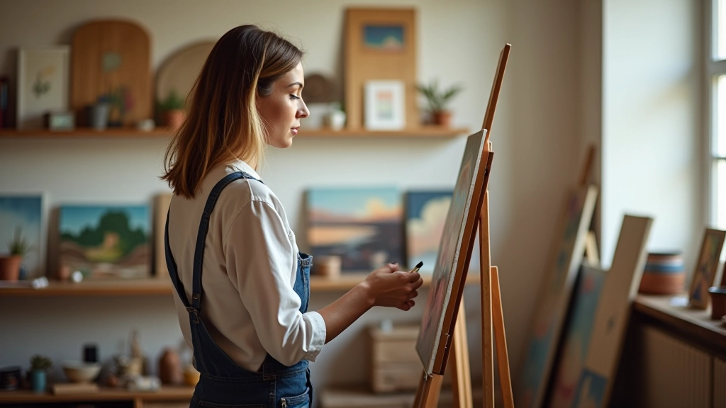 Artist-in-residence studio workspace with painting materials