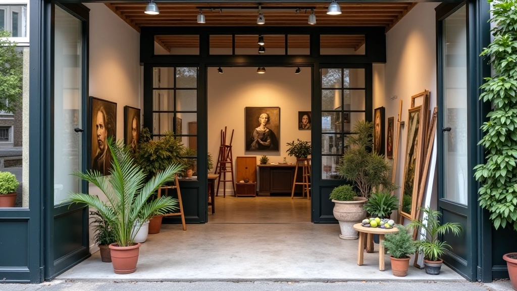 Inviting studio entrance with large windows showing gallery space and portrait paintings inside