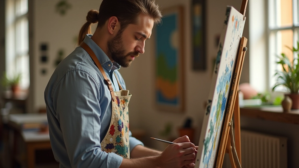 Artist painting a landscape with oil paints on canvas, focused creative work in studio environment