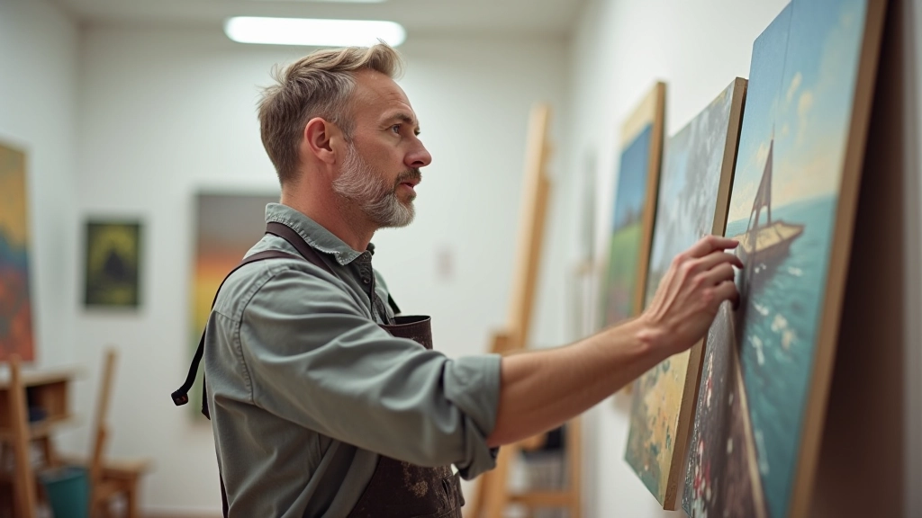 Artist reviewing landscape paintings in the studio, natural daylight illuminating the artwork