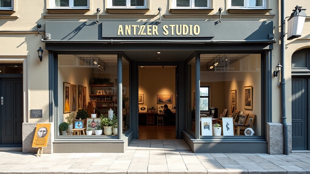 Exterior view of studio building showing signage and entrance during daytime, welcoming architecture with large windows displaying artwork