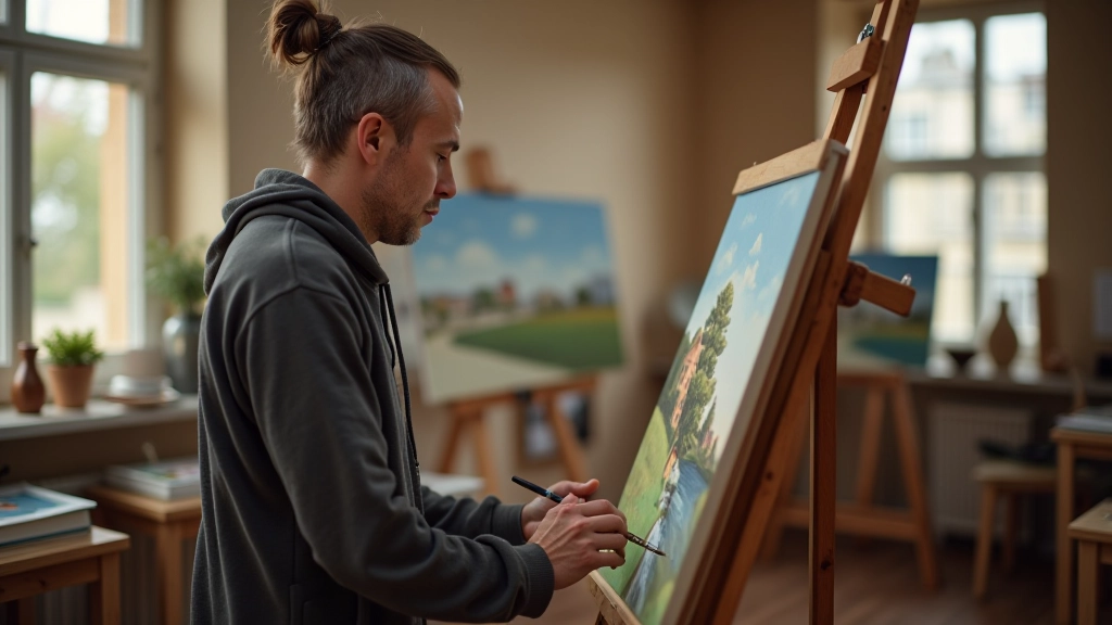 Artist's studio interior with canvas works-in-progress, natural light streaming through large windows, painting tools organized on wooden table