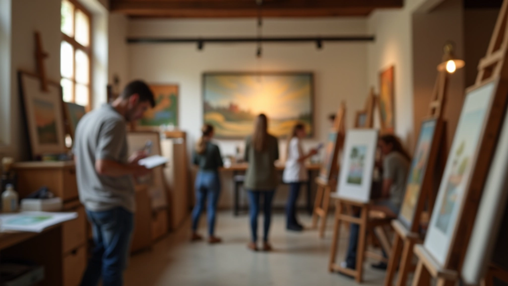 Wide view of studio interior showing multiple artist workstations, various paintings at different completion stages, shelves with art supplies, warm ambient lighting