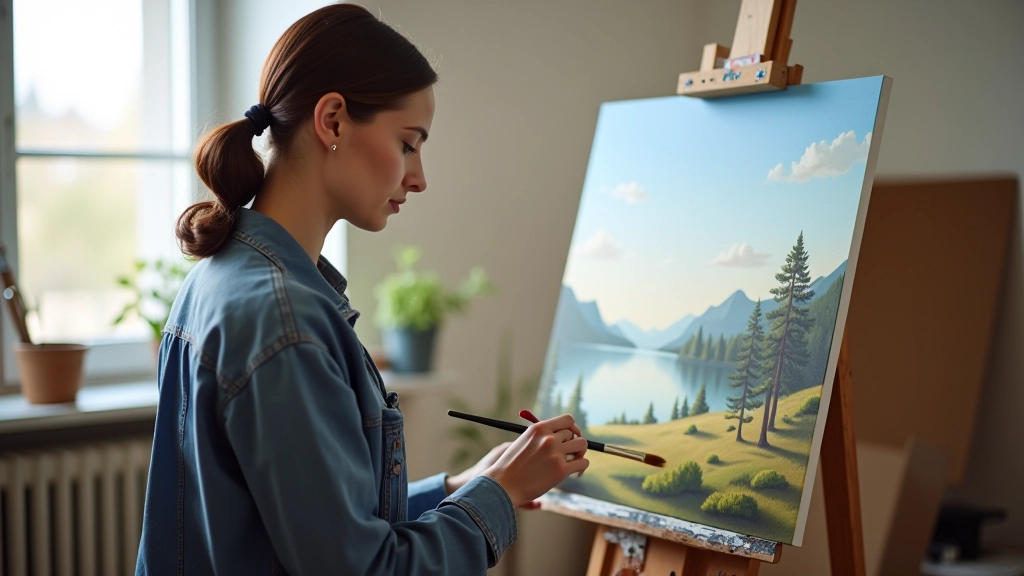 Painter creating landscape artwork in sunlit studio space