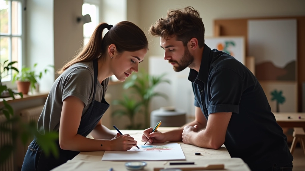 Close-up of artists discussing composition and color choices while planning a mural design together