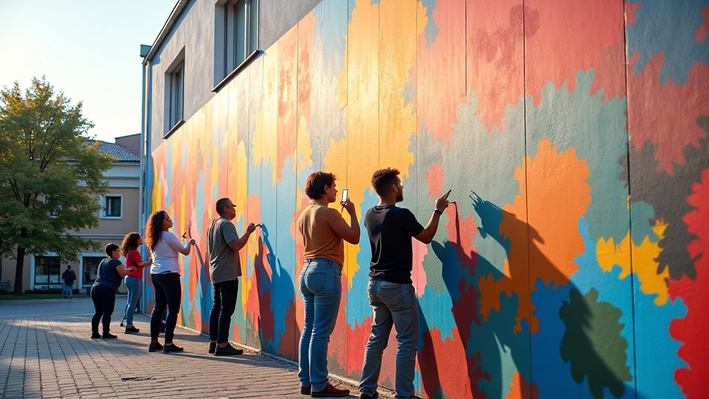 Group of artists painting a colorful mural on exterior brick wall together