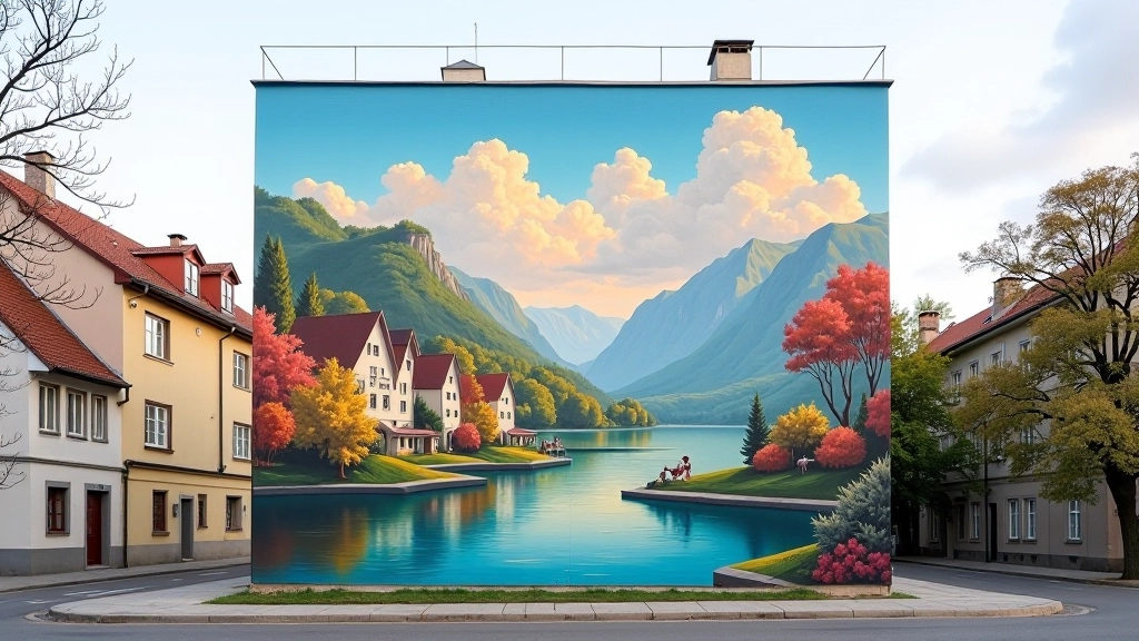 Completed mural showing vibrant landscape scenes with multiple color layers painted by collaborative team on large building wall
