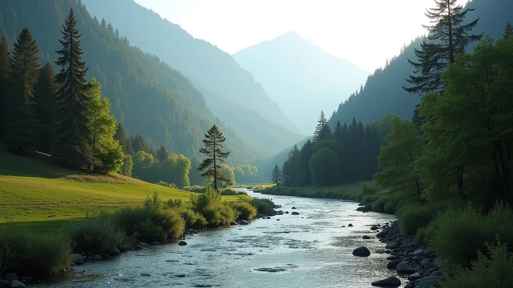 Czech landscape showing river winding through forested valley with mountains in background, dramatic natural lighting