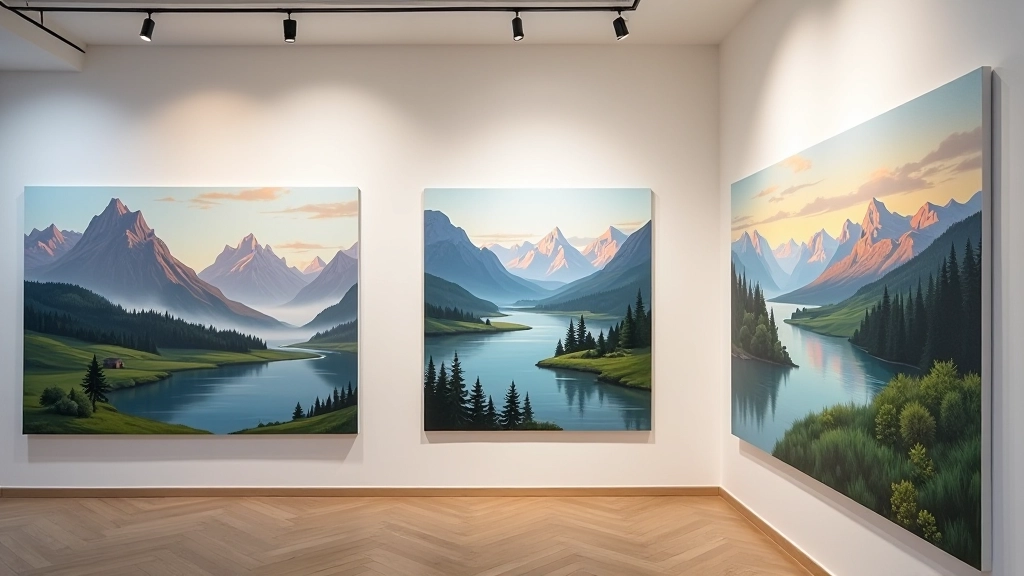 Gallery display of landscape paintings showing mountain ranges and river scenes across different seasons
