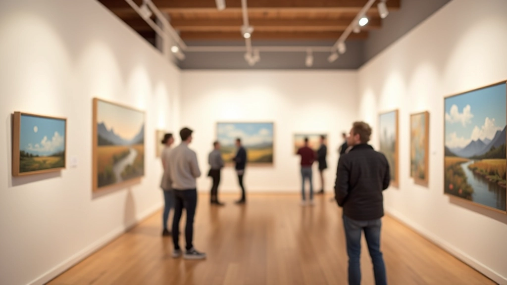 Gallery exhibition space with landscape paintings displayed on white walls, professional gallery lighting illuminating artwork