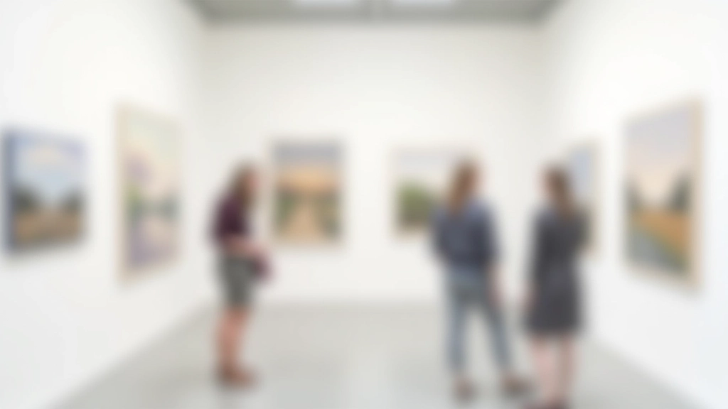 Interior gallery space with multiple landscape paintings arranged on white walls, visitors viewing artwork