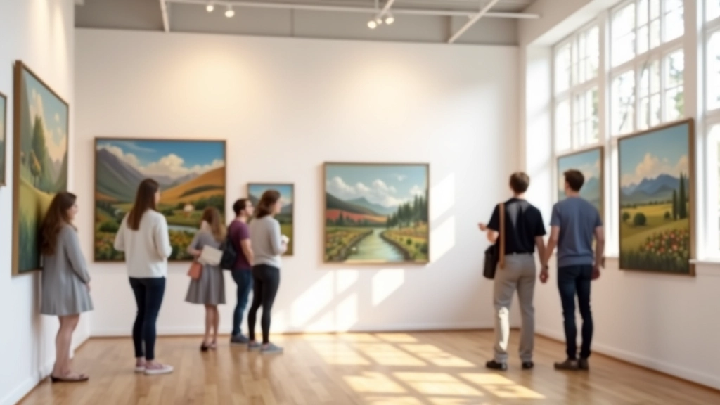 Gallery wall displaying landscape paintings with natural light from large windows