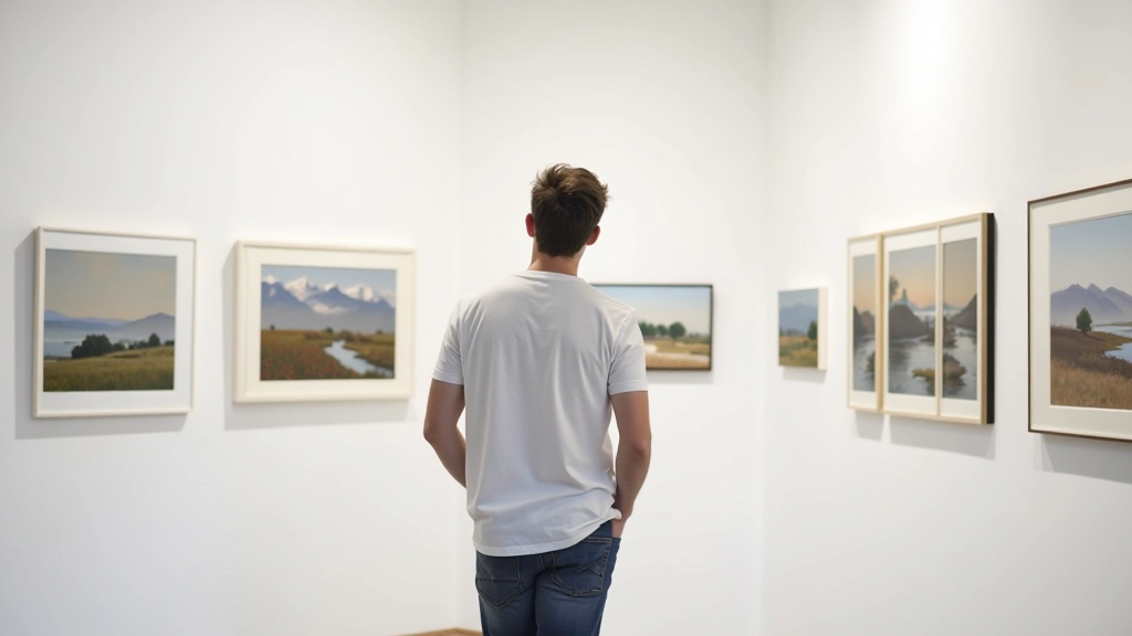 Gallery wall displaying framed landscape paintings in various styles and sizes