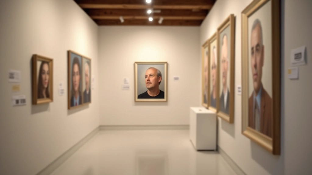 Gallery wall showing multiple portrait paintings arranged in exhibition with gallery lighting