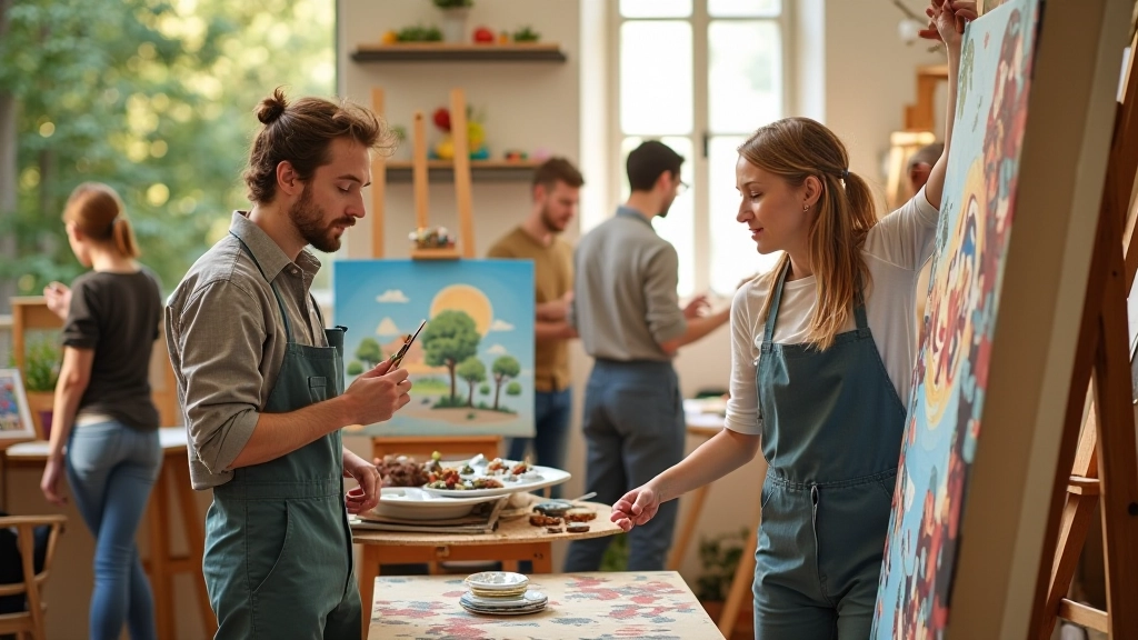 Group of artists collaborating on a large-scale mural project in an outdoor Czech setting