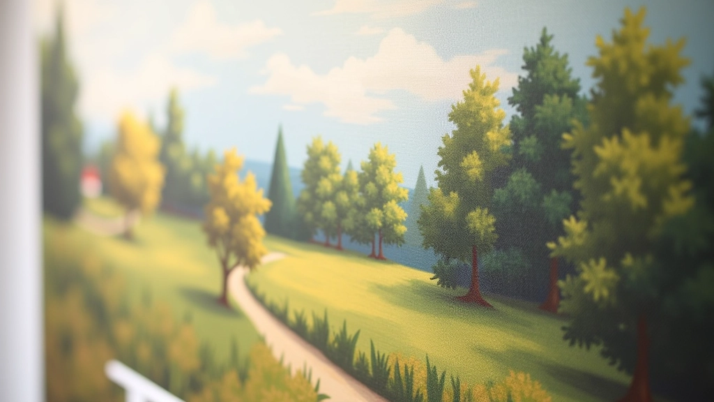 Close-up of landscape painting showing brushwork and color detail in natural light