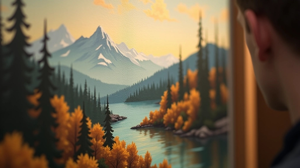 Close-up detail of landscape painting showing layered brushwork and color transitions in mountain terrain