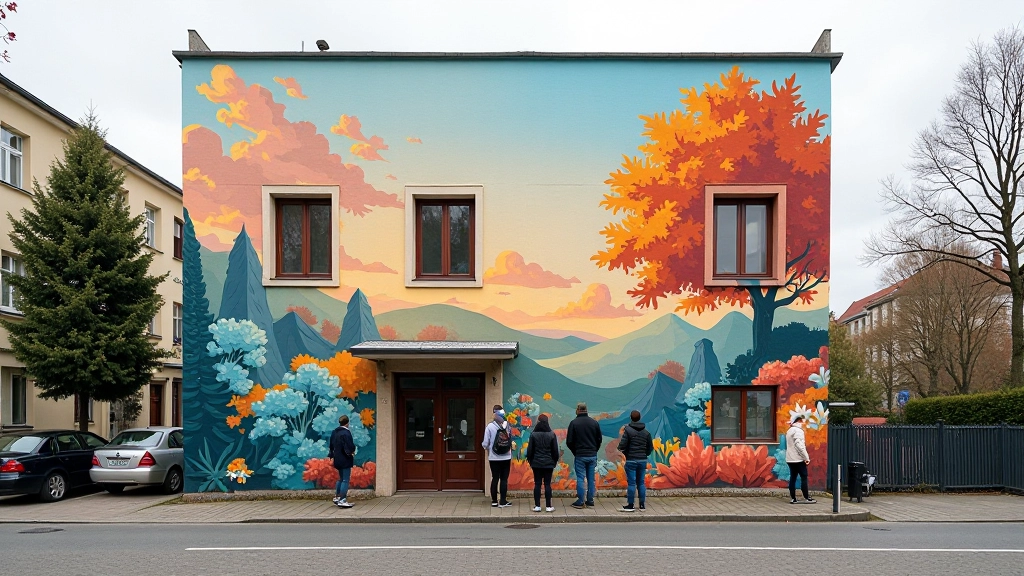 Large-scale mural artwork on building exterior with multiple artists working collaboratively on public art project