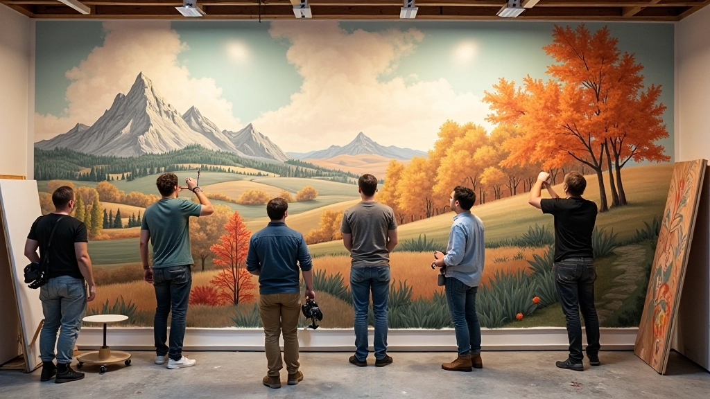 Large-scale mural in progress showing collaborative artwork with multiple artists working on shared wall canvas