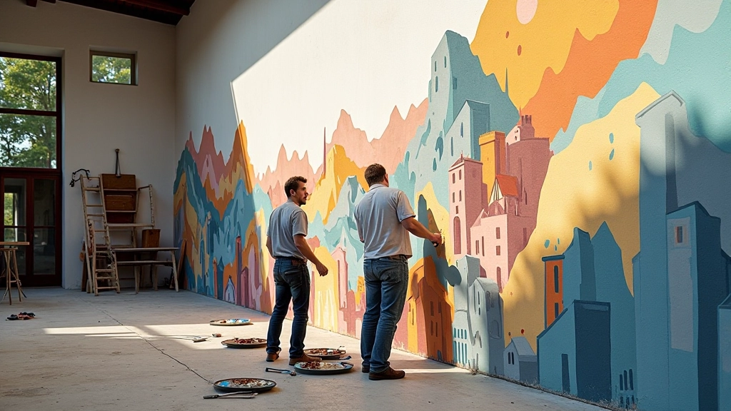 Large-scale mural project in progress showing collaborative painting work on exterior wall