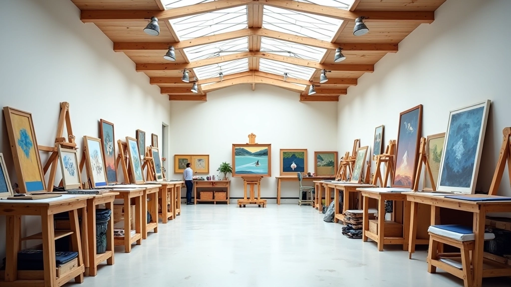 Spacious studio room with high ceilings, individual artist workspaces, natural light from skylights
