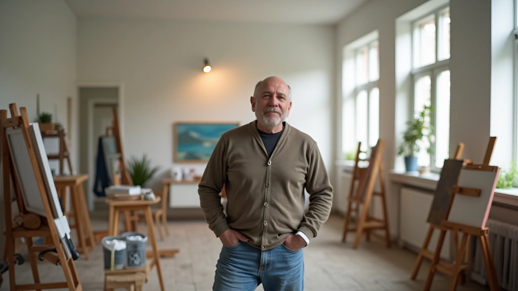 Contemporary painter studio with natural light and artwork displays