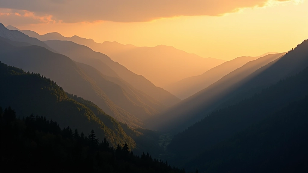 Mountain landscape with dramatic lighting showing layered valleys and forest coverage during golden hour