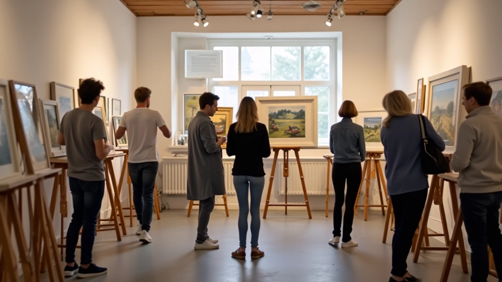 Open studio weekend event with visitors viewing artwork and artists demonstrating techniques in gallery space