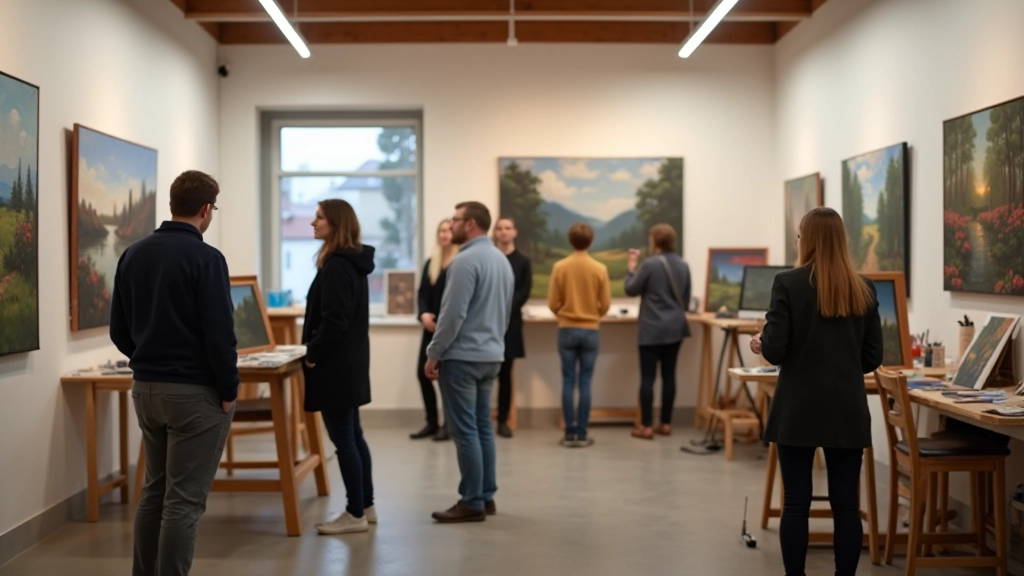 Open studio weekend with visitors observing artists at work in the studio space