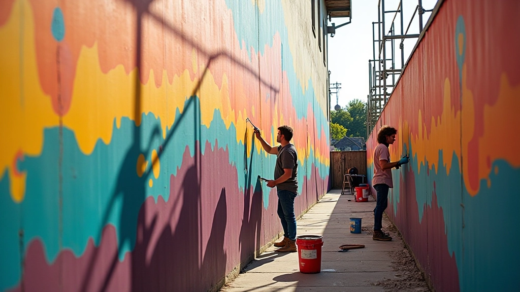 Large-scale outdoor mural being created by multiple artists in urban setting