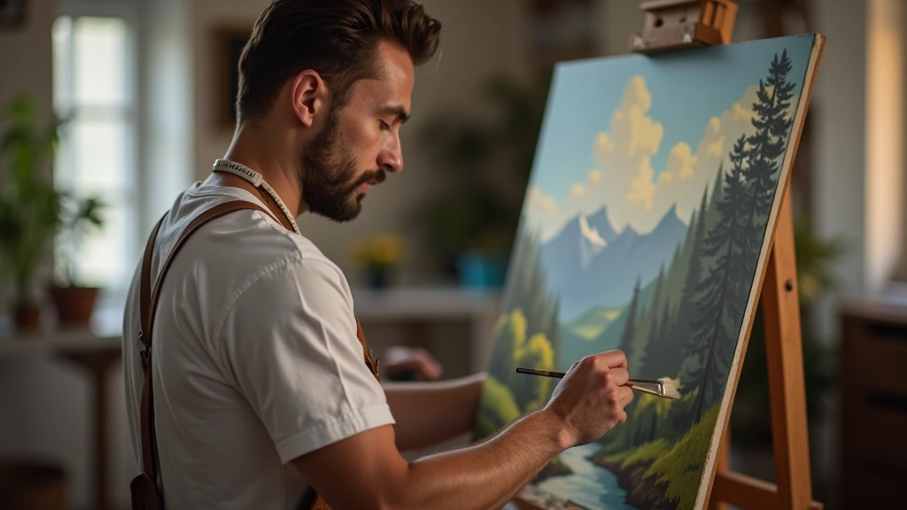 Close-up of artist at work on landscape painting, holding palette and brush, focused expression, studio easel with partially completed canvas