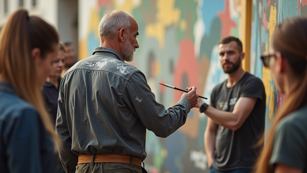 Experienced artist demonstrating painting technique to several younger participants on a partially completed mural wall