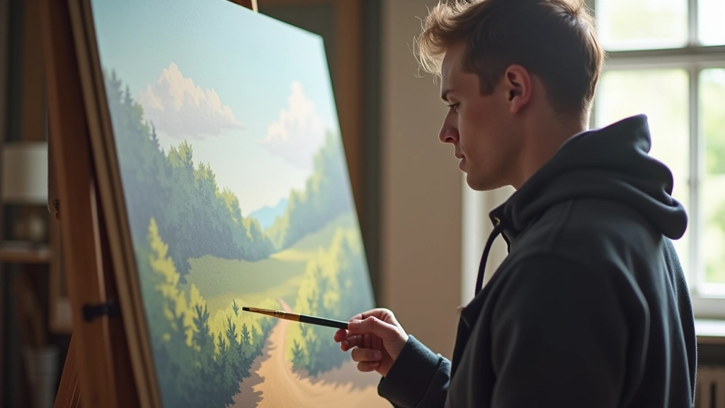 Artist working on landscape painting, brush in hand, focused expression