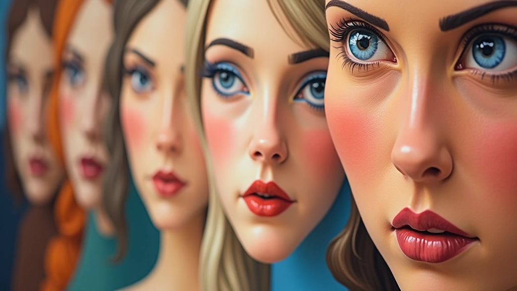 Portrait gallery showing various faces and expressions painted in different styles and color palettes