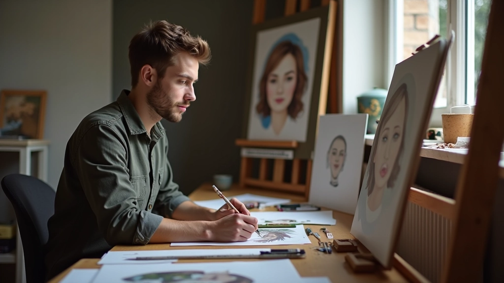 Portrait painter working in studio with professional lighting and reference materials