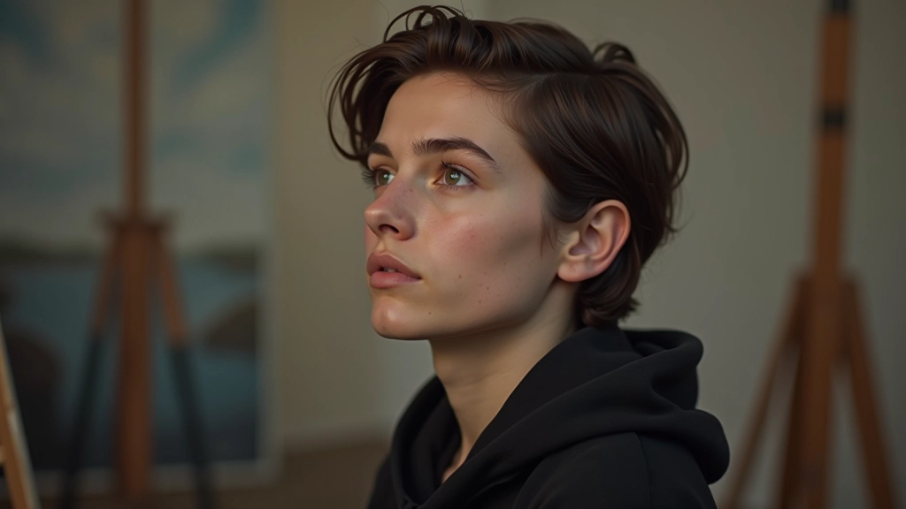 Portrait of young person with modern clothing and contemplative expression in studio setting