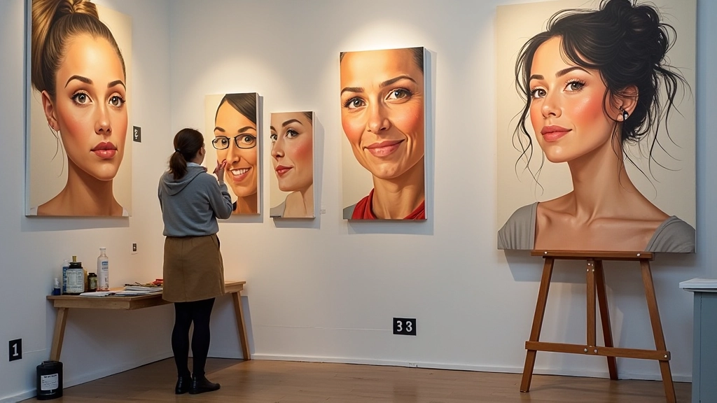Portrait paintings series displayed in gallery showing diverse faces and character studies with expressive technique