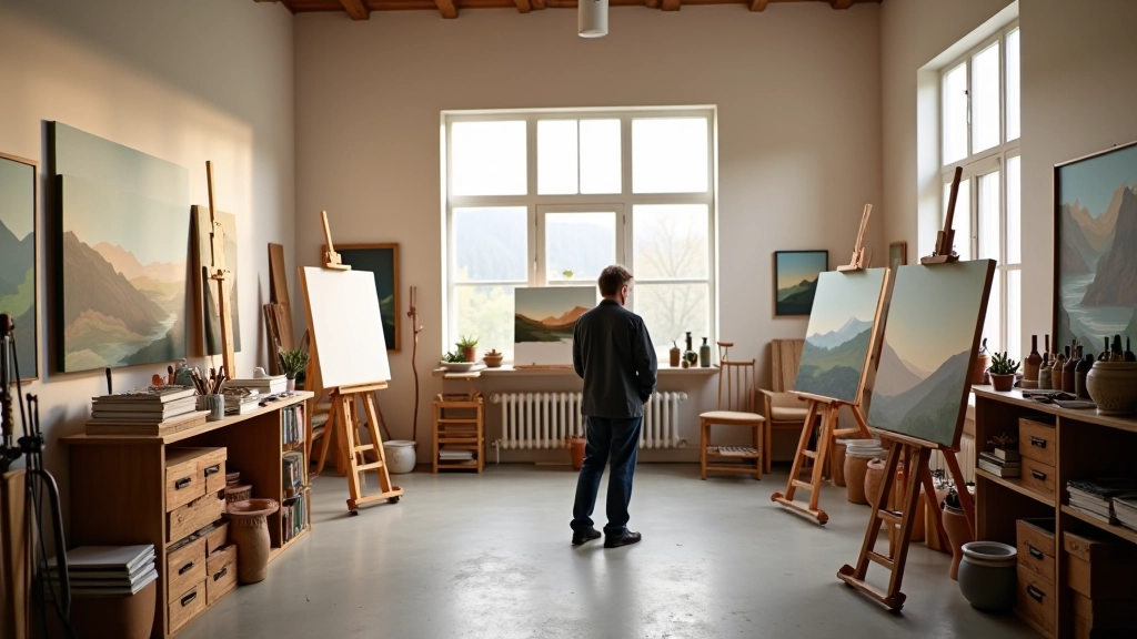 Bright artist studio with large windows, paintings on walls, and easels with works in progress