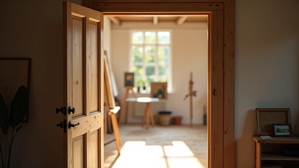 Wide-angle view of studio entrance with open door, natural wood frame, and soft morning light illuminating interior space with artwork visible inside