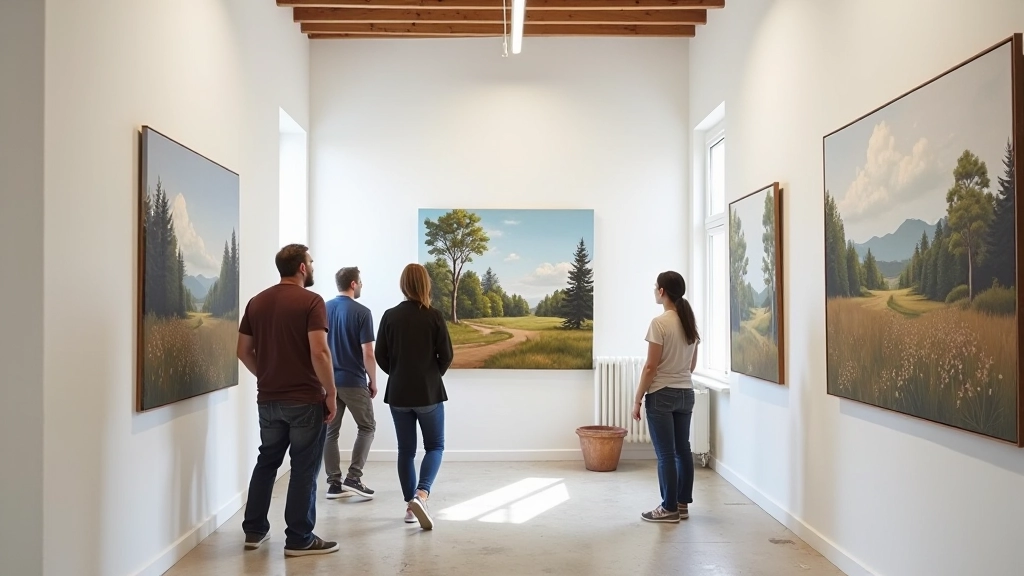 Open studio weekend visitors viewing landscape paintings