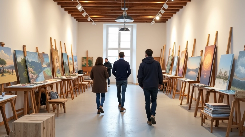 Visitors walking through open studio viewing artist at work and finished paintings on display